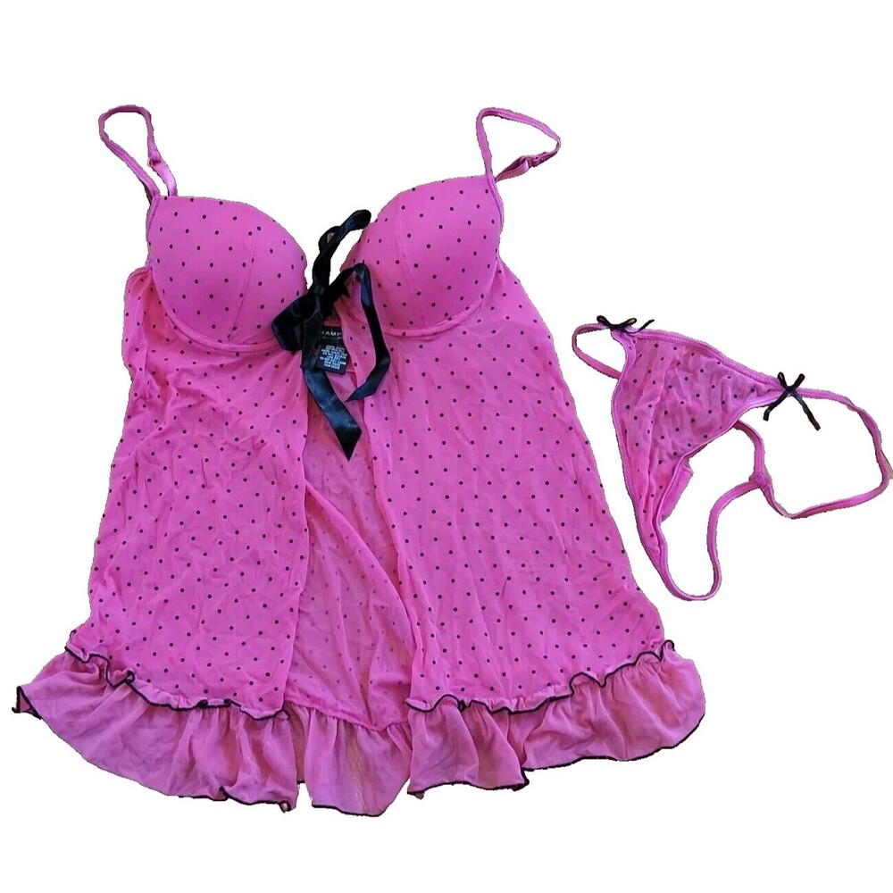 Vtg Y2K Rampage Bustier Camisole & Thong Panties Sz M Pink Black Polka Dots